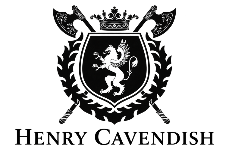 A black and white heraldic crest featuring a crowned shield with a white griffin on a black background, flanked by crossed axes and decorative flourishes, with the text 'HENRY CAVENDISH' below in a serif font.