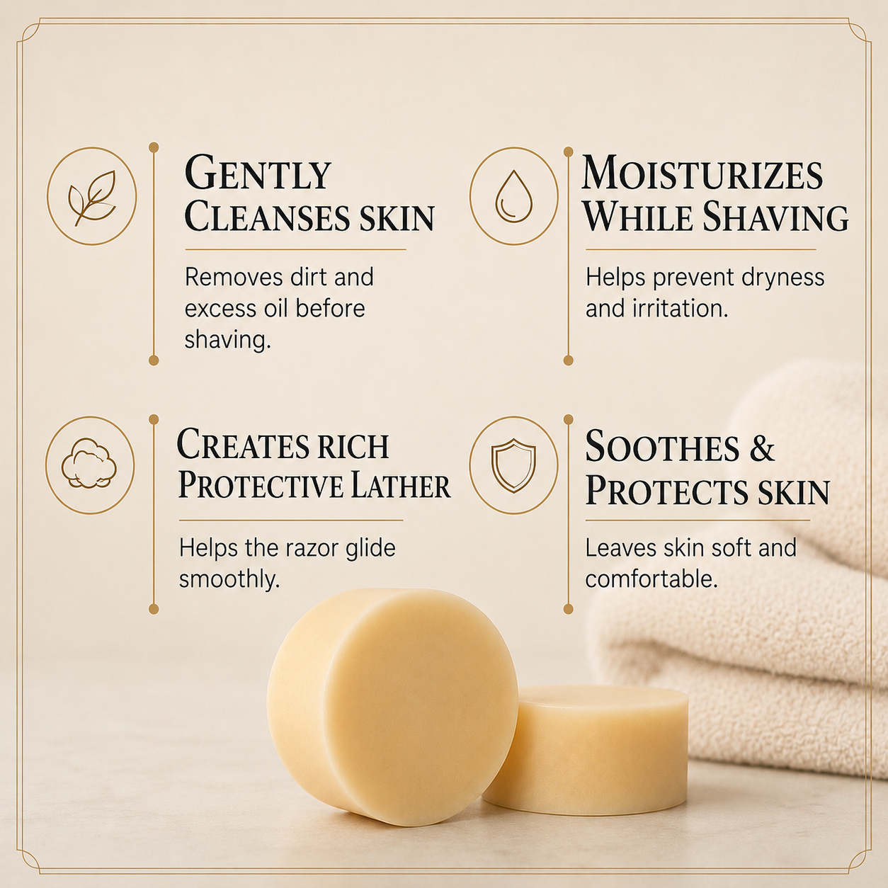 Two round bars of pale yellow shave soap  are shown on a light marble surface with a folded cream towel in the background. The image includes four text callouts with icons: 'Gently Cleanses Skin,' 'Moisturizes While Shaving,' 'Creates Rich Protective Lather,' and 'Soothes & Protects Skin.