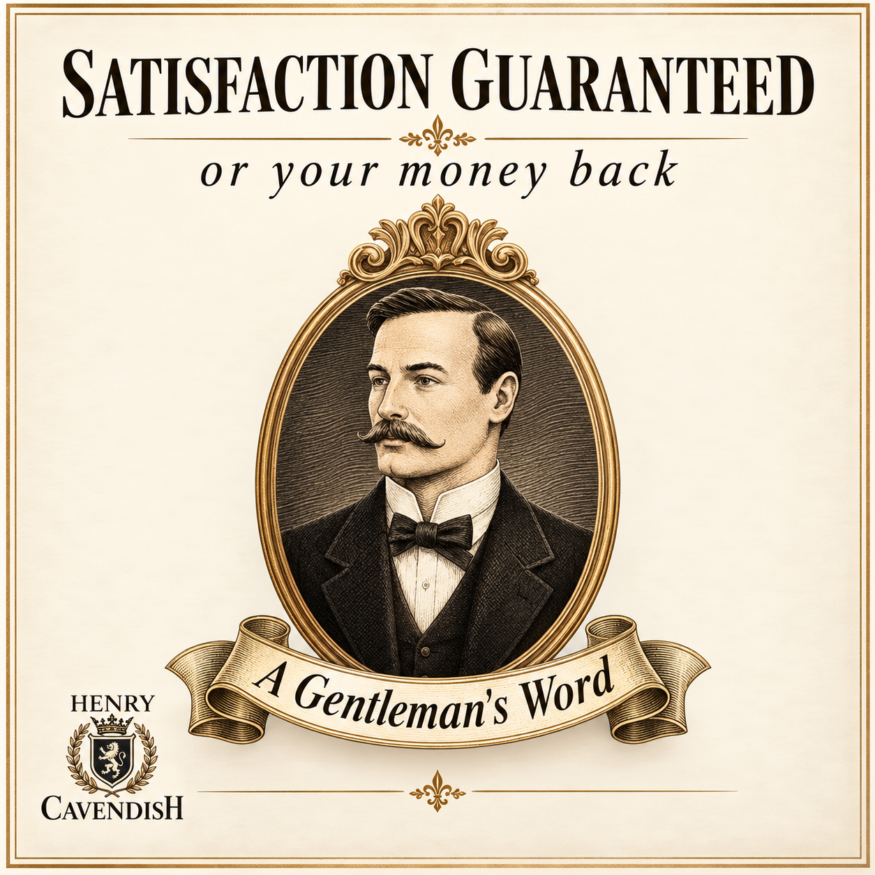 Henry Cavendish promotional piece with satisfaction guaranteed and a gentleman's word