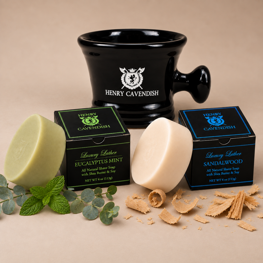 Henry Cavendish ceramic shaving bowl with Eucalyptus Mint and Sandalwood natural shaving soaps for traditional wet shaving.