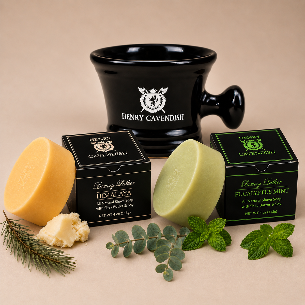 Henry Cavendish ceramic shaving bowl with Himalaya and Eucalyptus Mint natural shaving soaps.