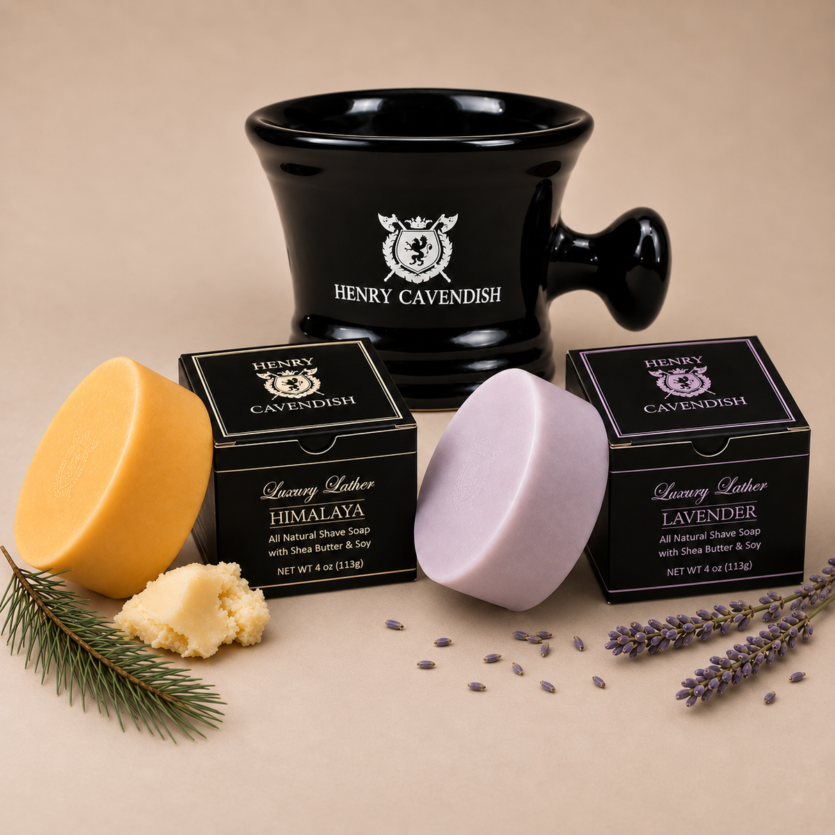 Henry Cavendish ceramic shaving bowl with Himalaya and Lavender natural shaving soaps for traditional wet shaving.