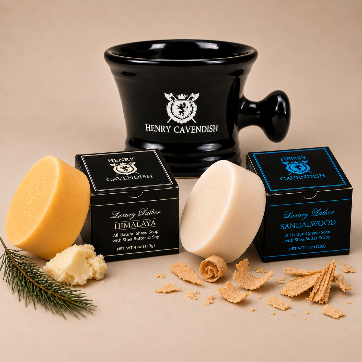 Henry Cavendish ceramic shaving bowl with Himalaya and Sandalwood natural shaving soaps for traditional wet shaving.