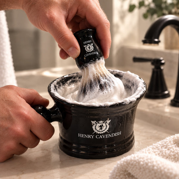 A close-up of a person shaving with a black Henry Cavendish brush inside a matching black Henry Cavendish shaving bowl filled with lather, set on a bathroom counter.
