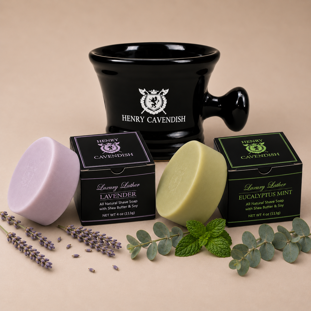 Henry Cavendish ceramic shaving bowl with Lavender and Eucalyptus Mint natural shaving soaps for traditional wet shaving.