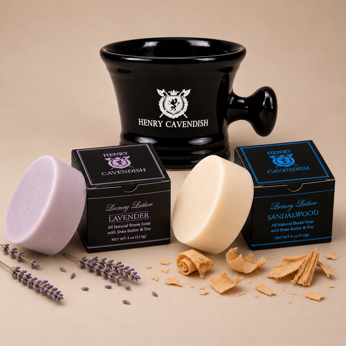 Henry Cavendish ceramic shaving bowl with Lavender and Sandalwood natural shaving soaps for traditional wet shaving.
