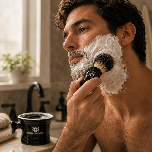 A man applies shaving lather with a brush while showering in a bathroom. A black shaving mug with the brand name 'HENRY CAVENDISH' is visible on the counter.