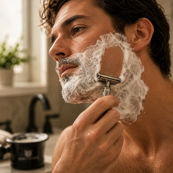A close-up lifestyle shot of a man shaving with white shaving foam on his face, holding a classic metal safety razor. The background shows a softly blurred bathroom setting with a sink and faucet.