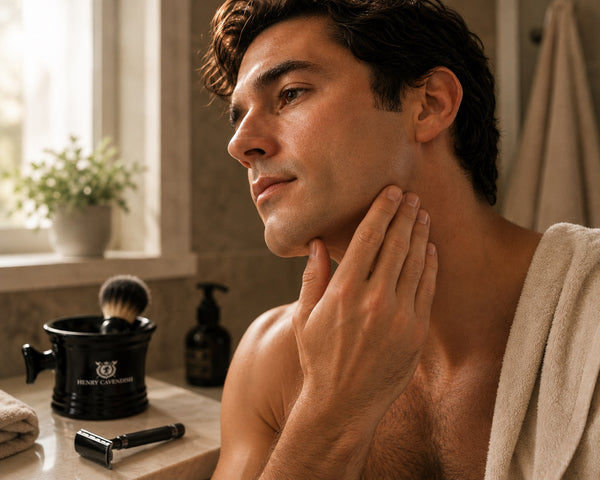 A man in a bathroom, touching his neck and jawline, with a towel draped over his shoulder. A black beard grooming container with a brush and a razor sit on the counter beside a window.