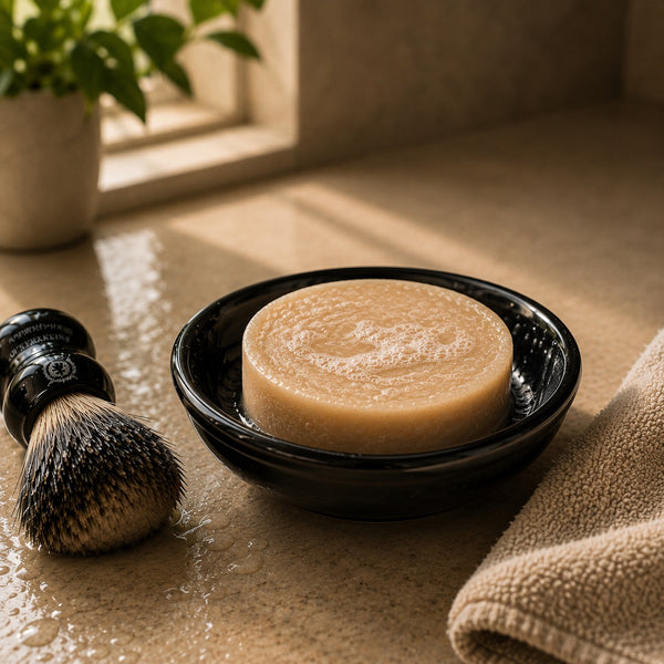 A round beige soap bar resting in a small black bowl on a warm beige countertop, with a shaving brush beside it and a folded towel nearby. A potted plant and window light are softly blurred in the background. Henry Cavendish logo barely visible on the brush.
