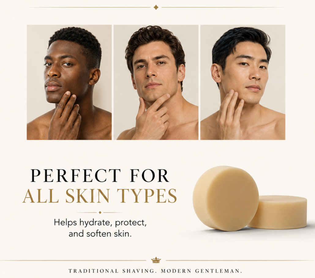 A promotional skincare graphic for a shaving soap bar. The top features three male models touching their faces, with the text 'PERFECT FOR ALL SKIN TYPES' and 'Helps hydrate, protect, and soften skin. With two round pucks of shaving soap.